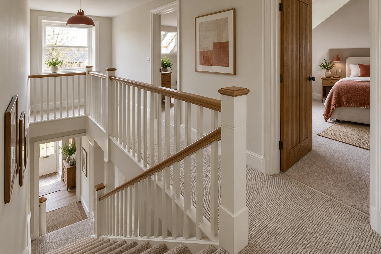 Illustrative loft staircase with a handrail and guarded landing