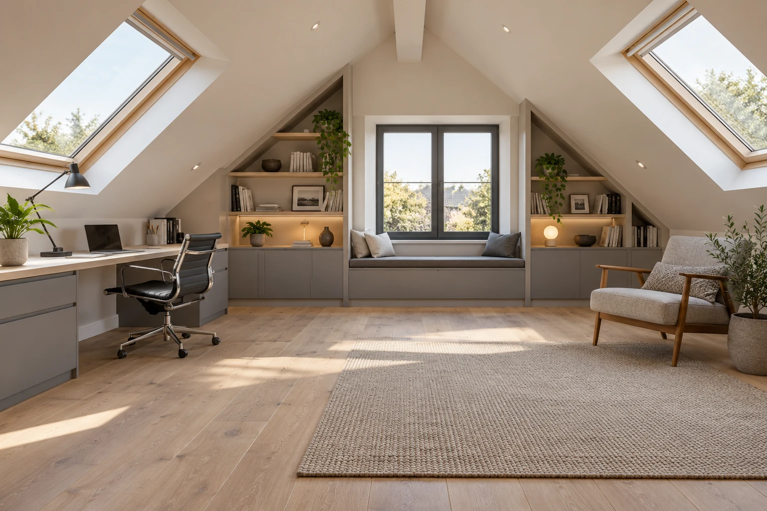 Illustrative design of a loft study with a coherent unobstructed finished interior