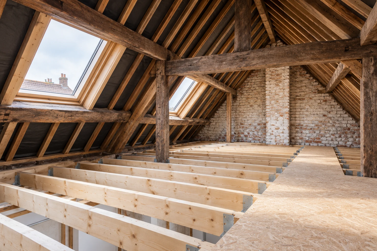 Illustrative attic roof structure with timber rafters and exposed brickwork