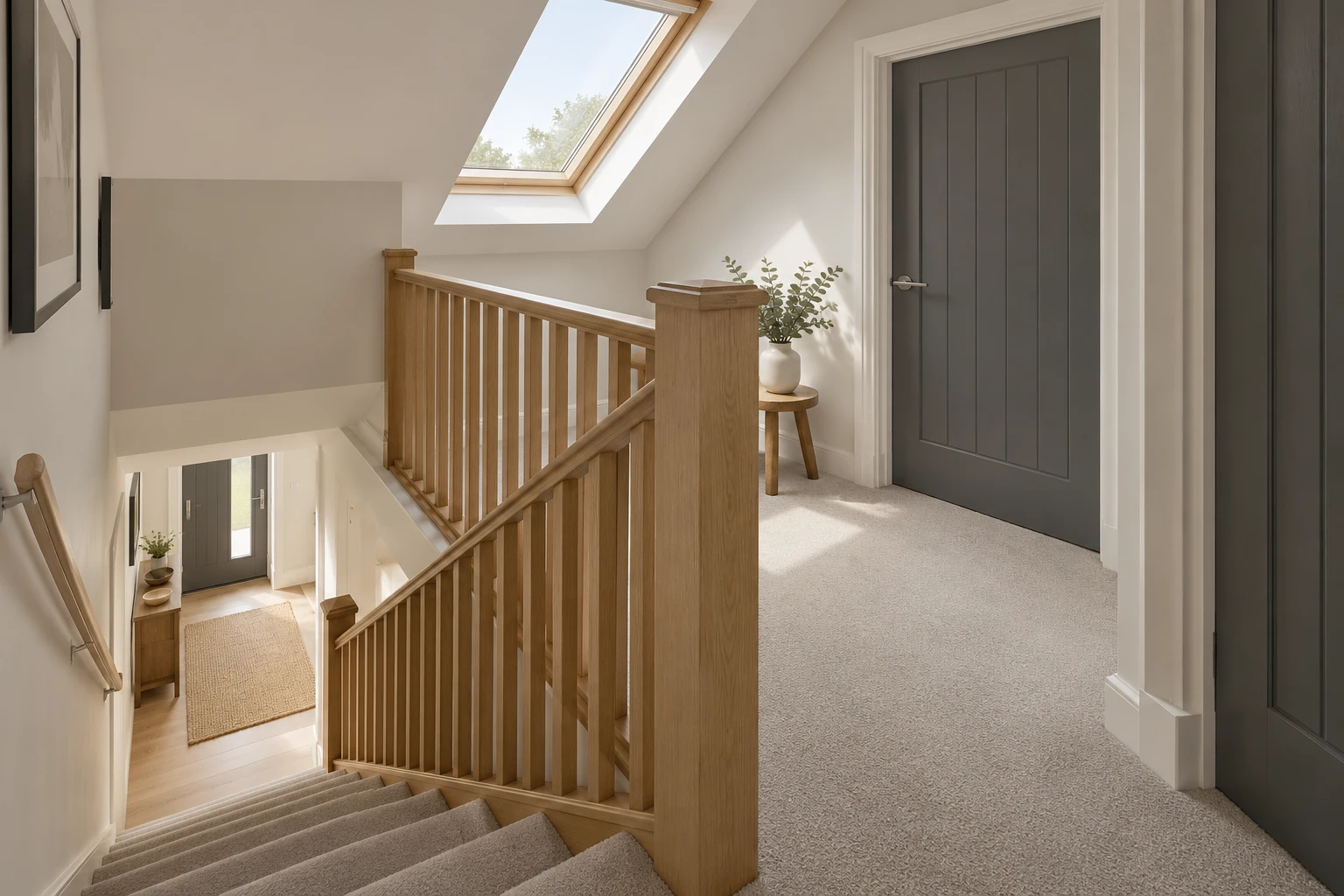 Illustrative loft staircase with a handrail and guarded landing