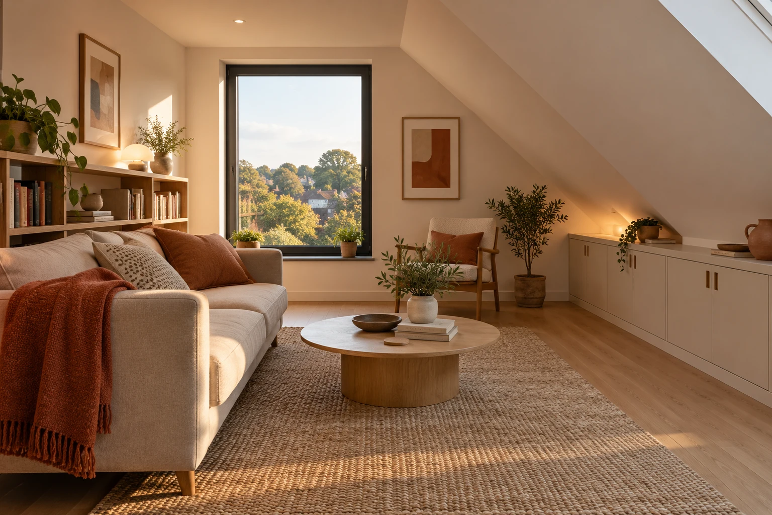 Illustrative dormer loft sitting room with a vertical rear window and eaves storage