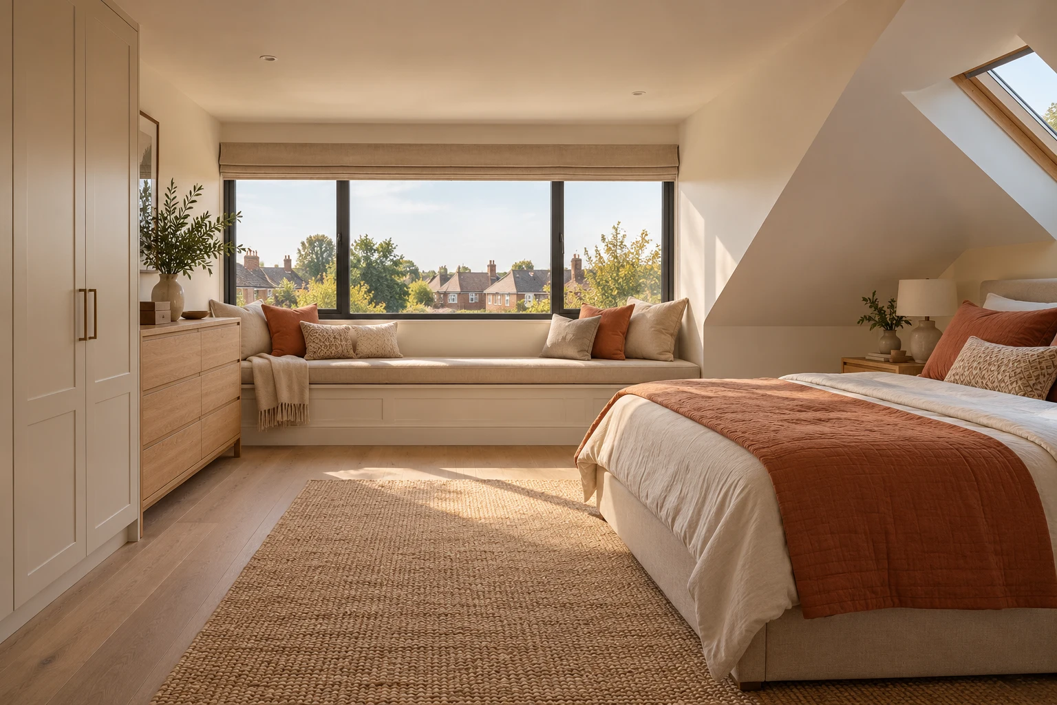 Illustrative design of a compact rear dormer bedroom with a low window seat and one retained roof slope