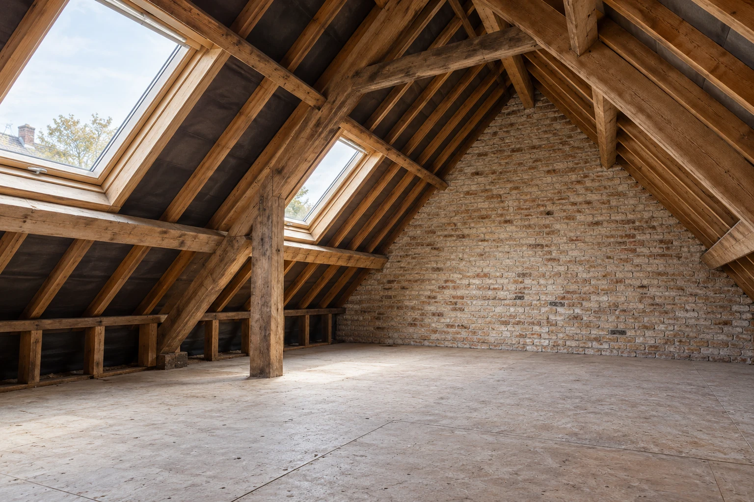 Illustrative attic roof structure with timber rafters and exposed brickwork
