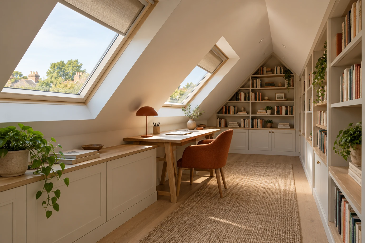 Illustrative loft study beneath a pitched ceiling with roof windows