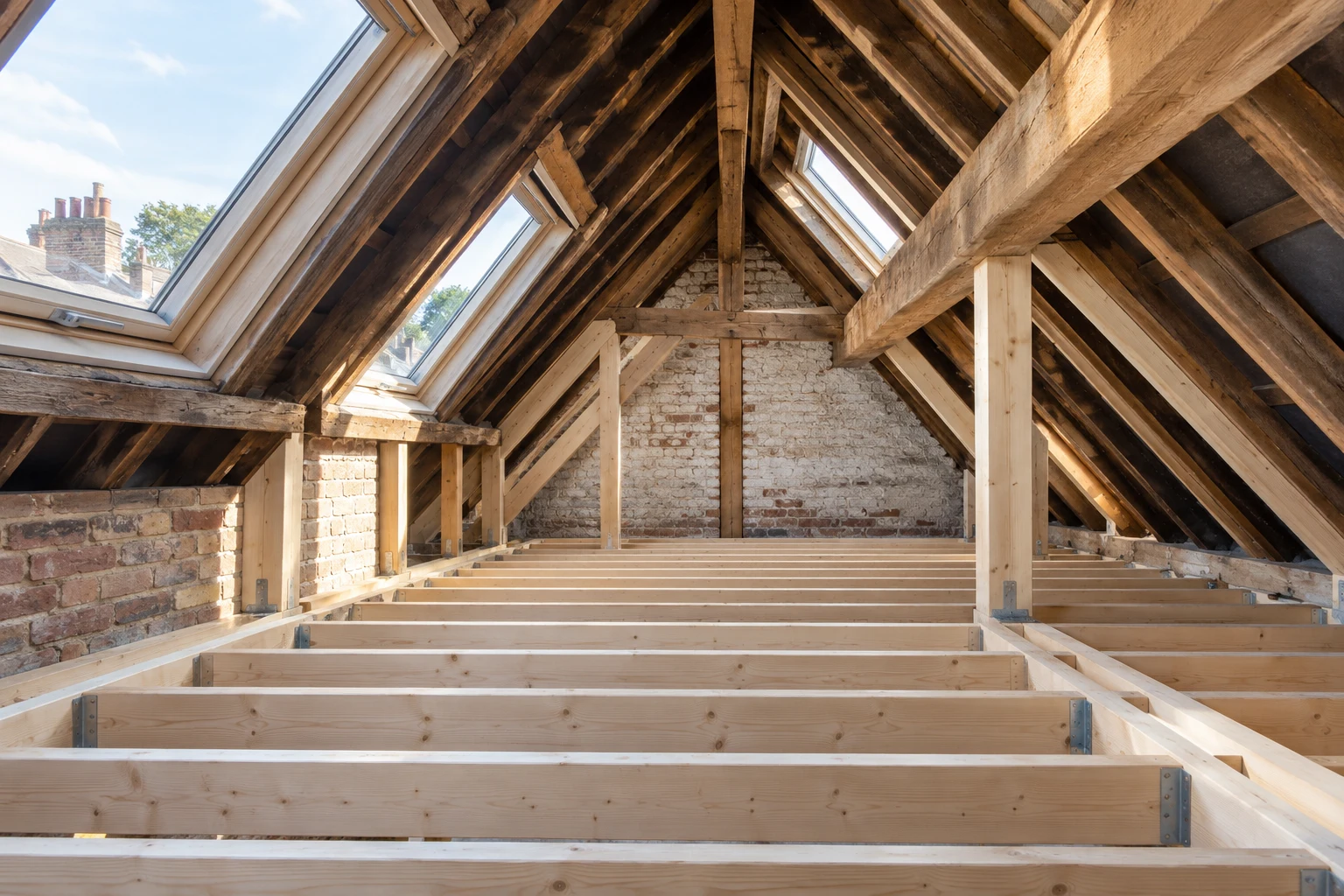 Illustrative attic roof structure with timber rafters and exposed brickwork