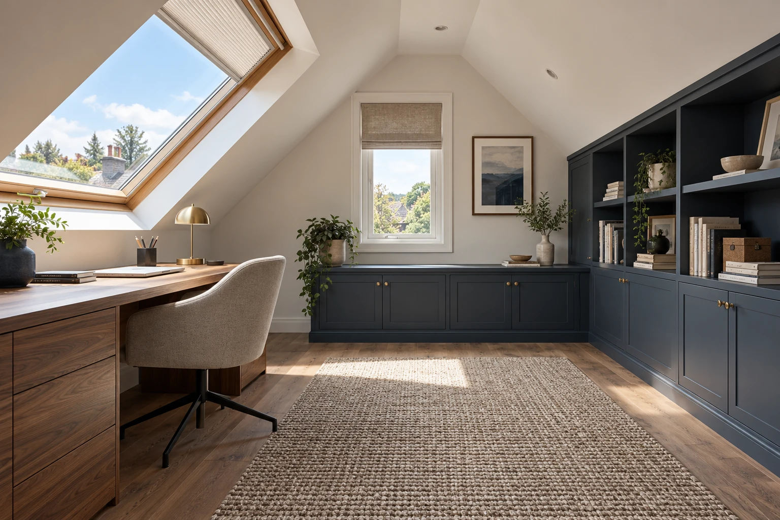 Illustrative loft study beneath a pitched ceiling with roof windows