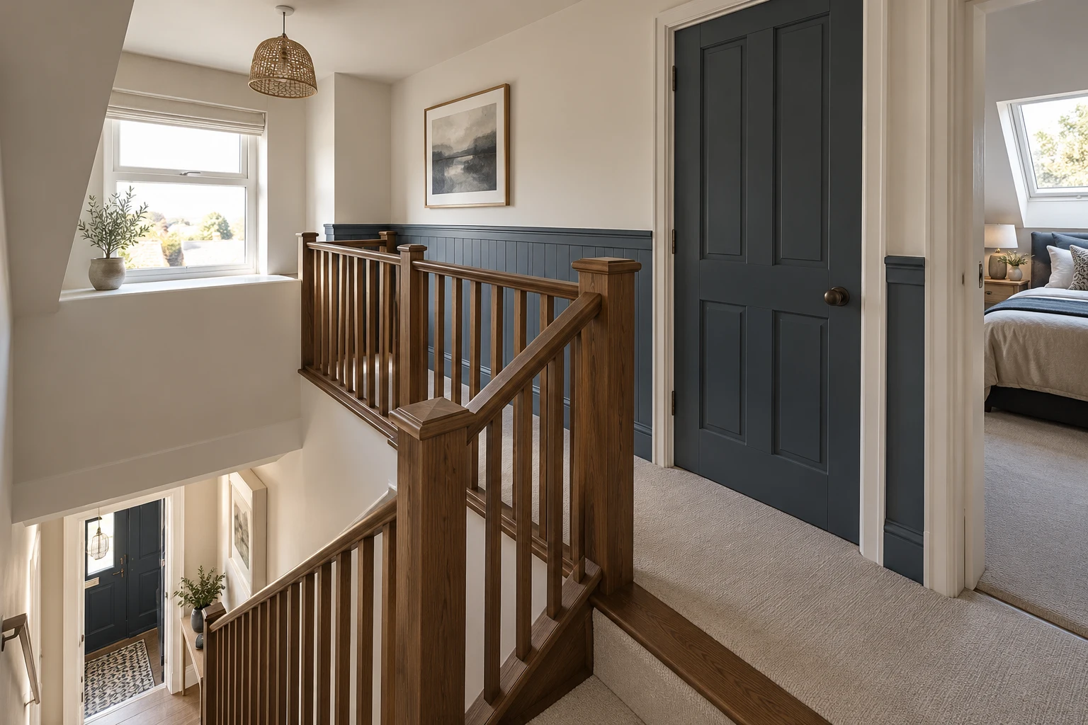 Illustrative loft staircase with a handrail and guarded landing