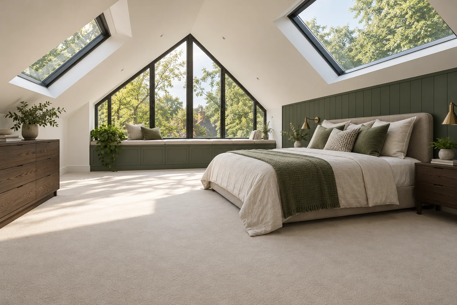 Illustrative design of a peaceful rooflight bedroom with greenery seen through high glazing
