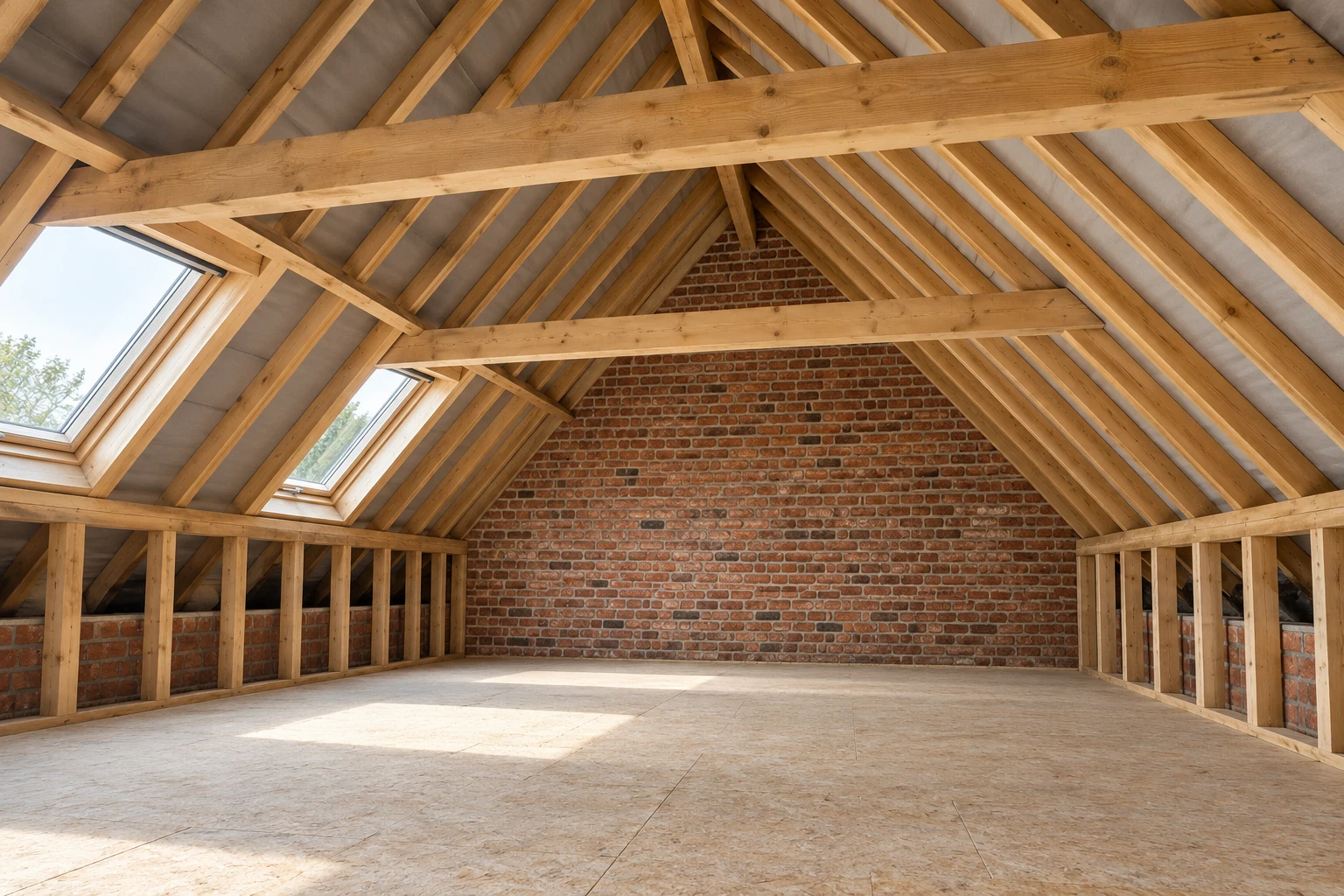 Illustrative attic roof structure with timber rafters and exposed brickwork