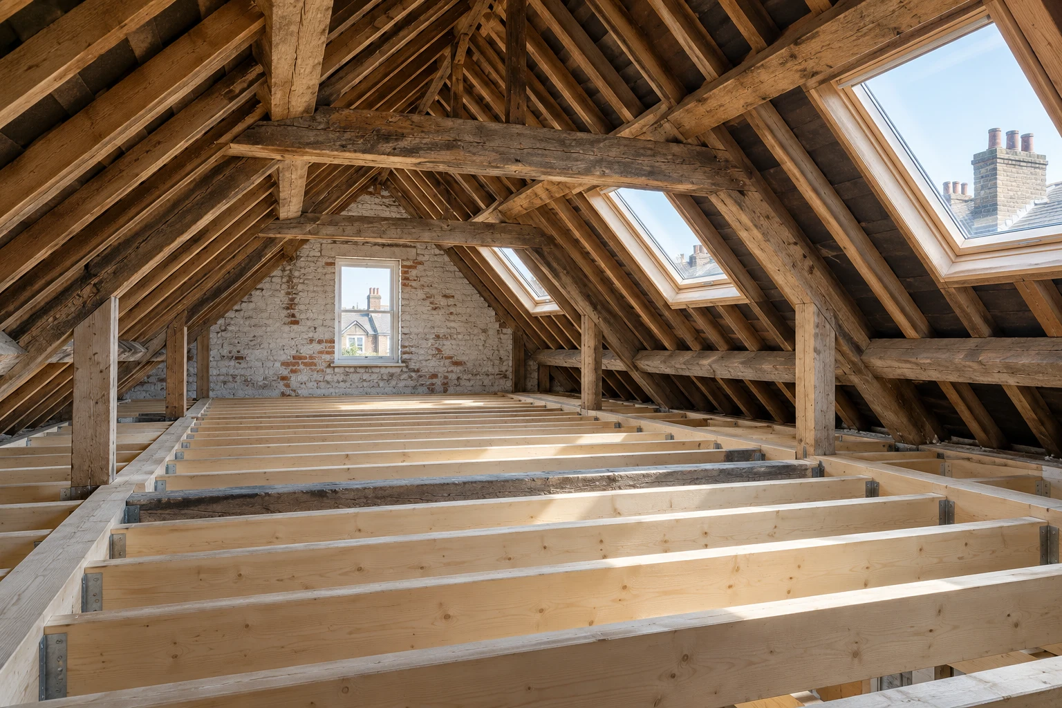 Illustrative attic roof structure with timber rafters and exposed brickwork