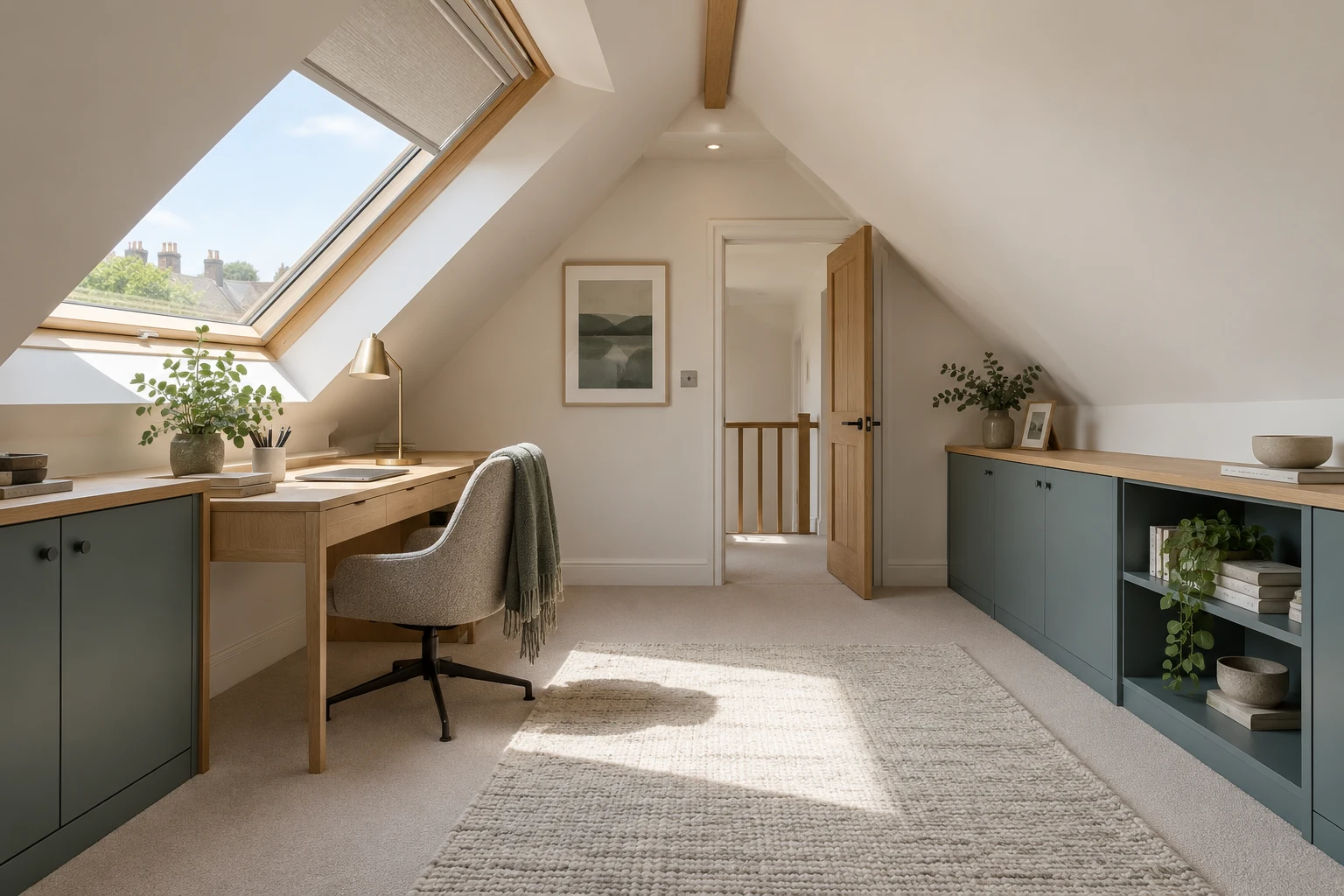 Illustrative loft study beneath a pitched ceiling with roof windows
