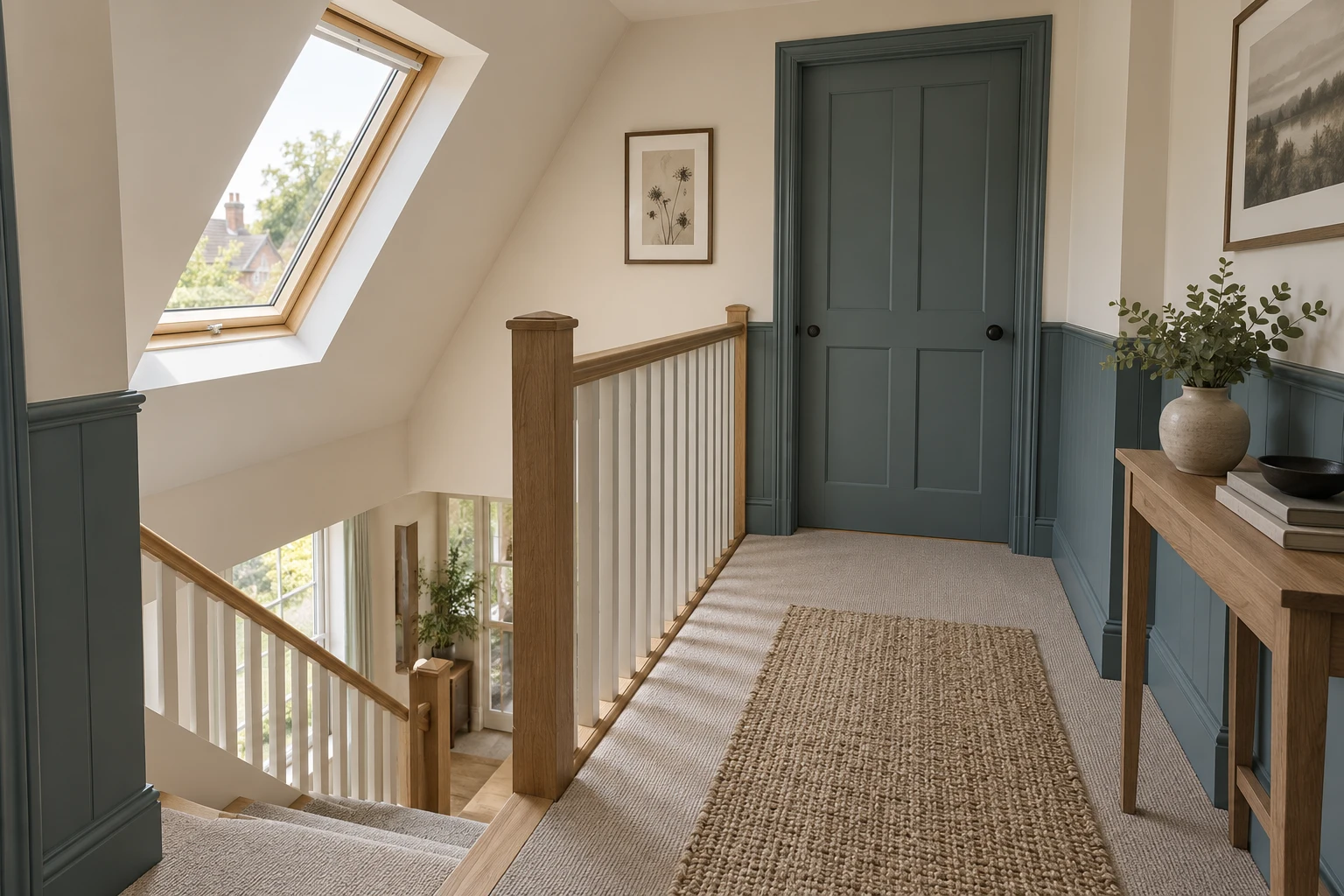 Illustrative loft staircase with a handrail and guarded landing