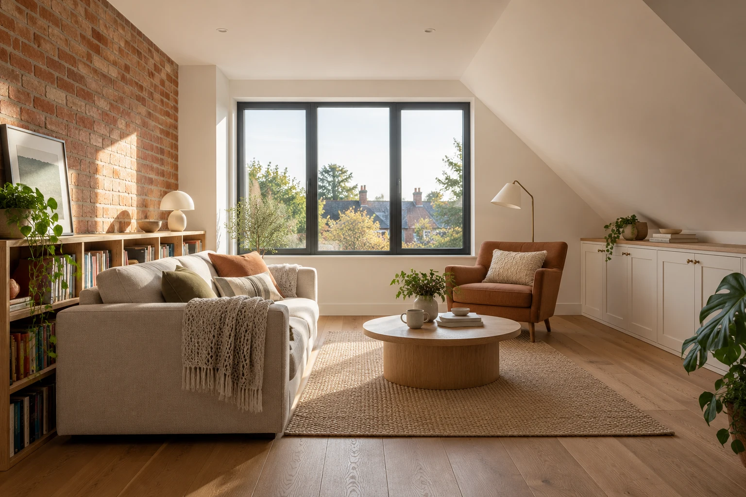 Illustrative dormer loft sitting room with a vertical rear window and eaves storage