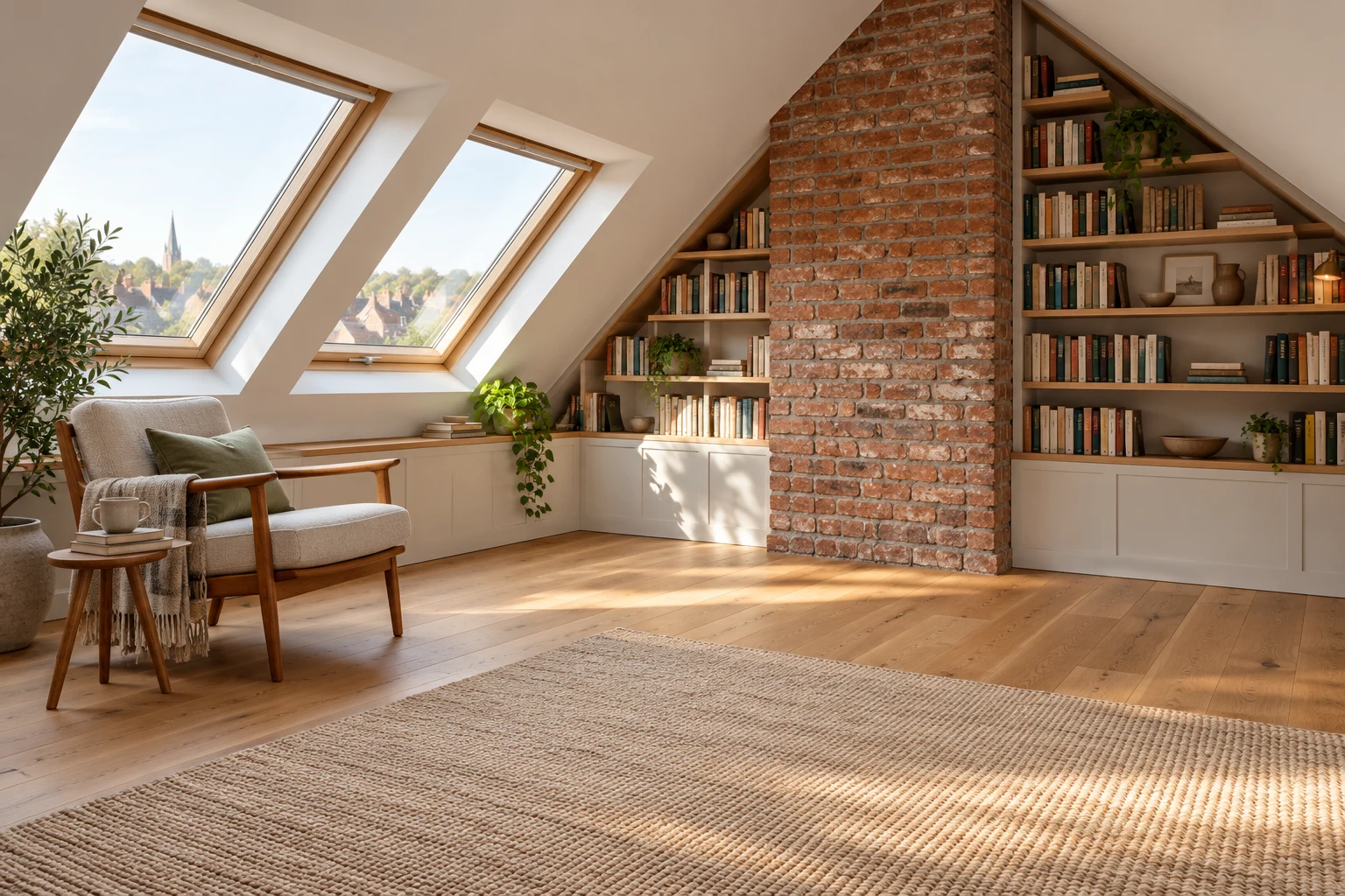 Illustrative design of a loft library with a retained brick chimney breast beside the roof slope