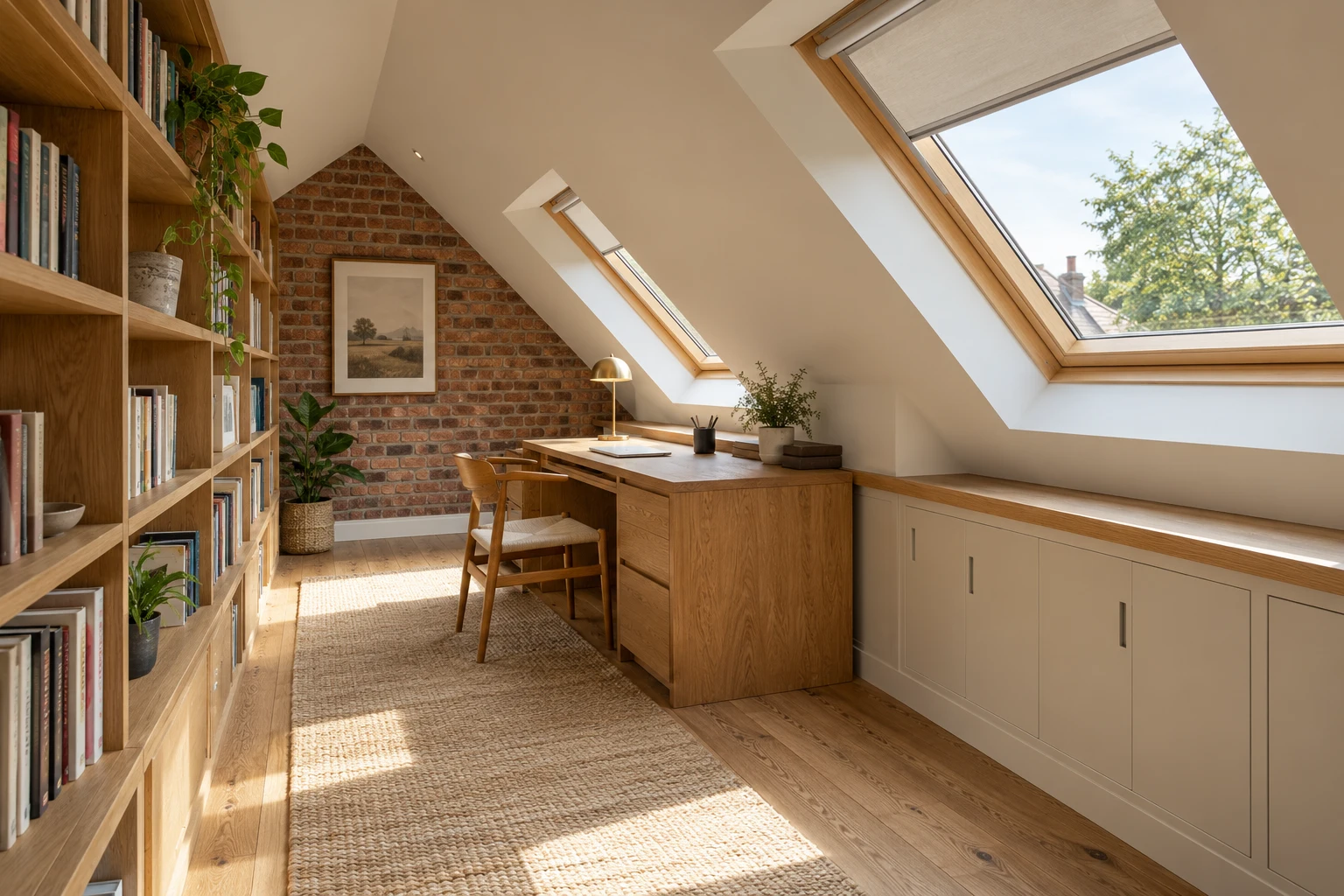 Illustrative loft study beneath a pitched ceiling with roof windows