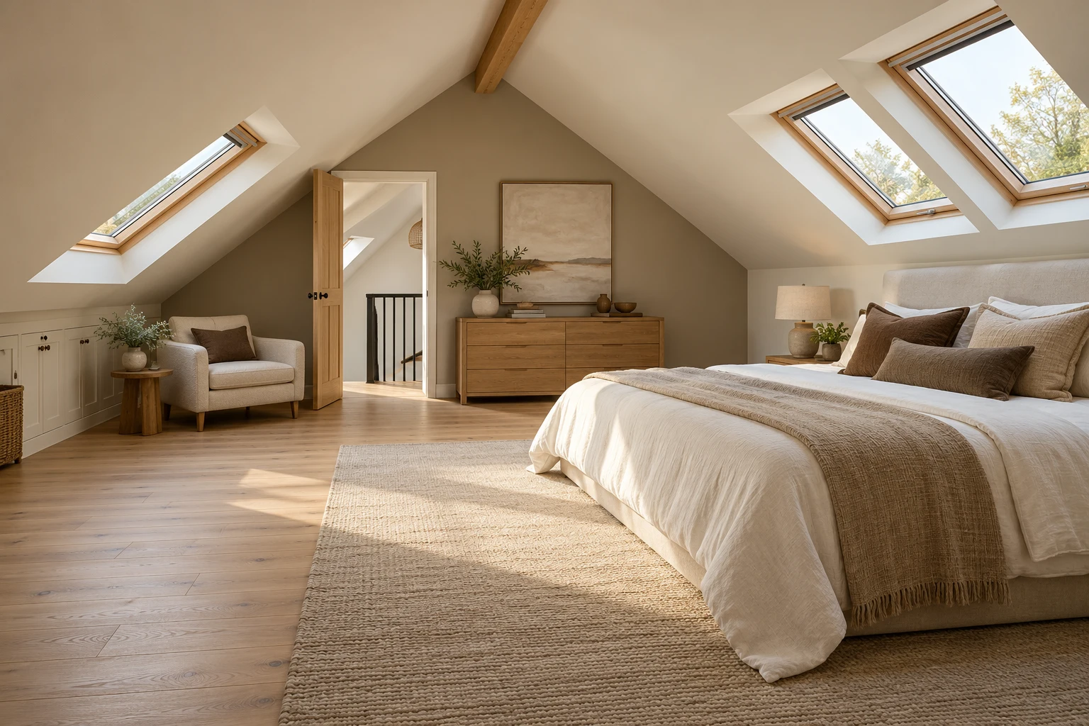 Illustrative design of a loft bedroom retaining an expressive continuous pitched ceiling