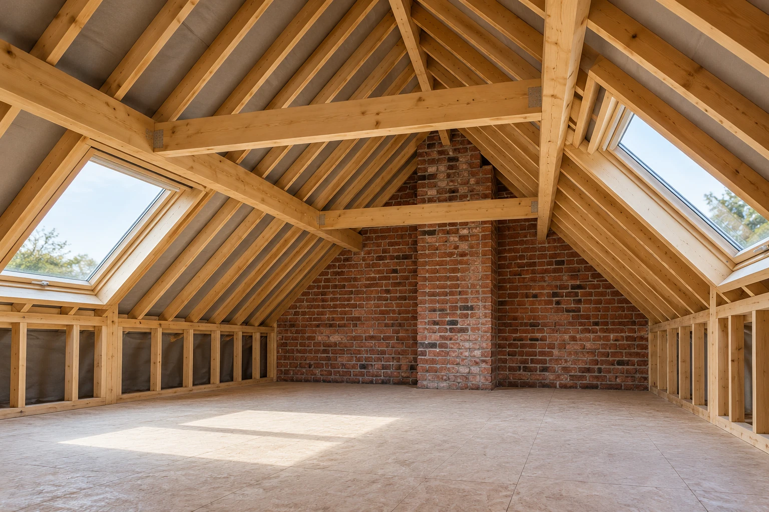 Illustrative attic roof structure with timber rafters and exposed brickwork