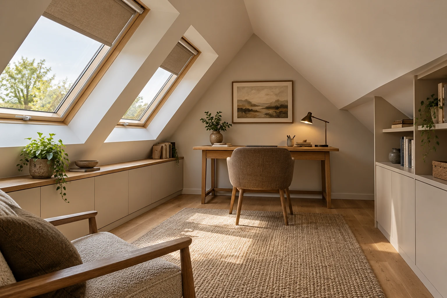 Illustrative loft study beneath a pitched ceiling with roof windows