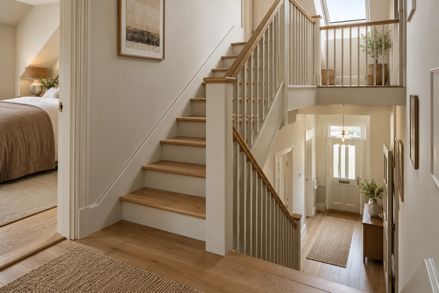 Illustrative loft staircase with a handrail and guarded landing