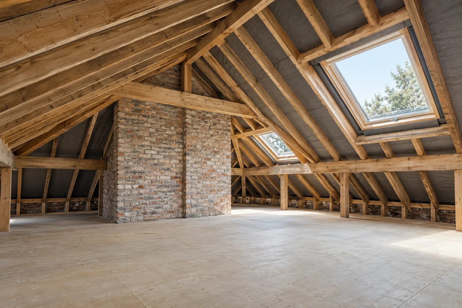 Illustrative attic roof structure with timber rafters and exposed brickwork