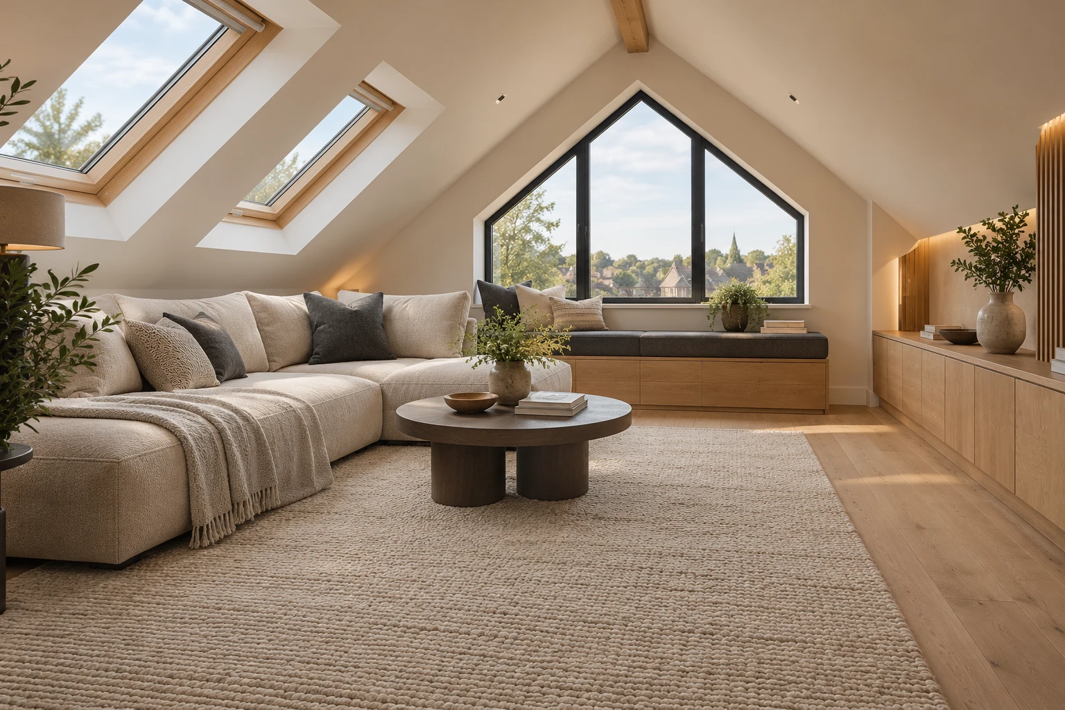 Illustrative design of a loft lounge with a gabled side wall and a compact upholstered bench