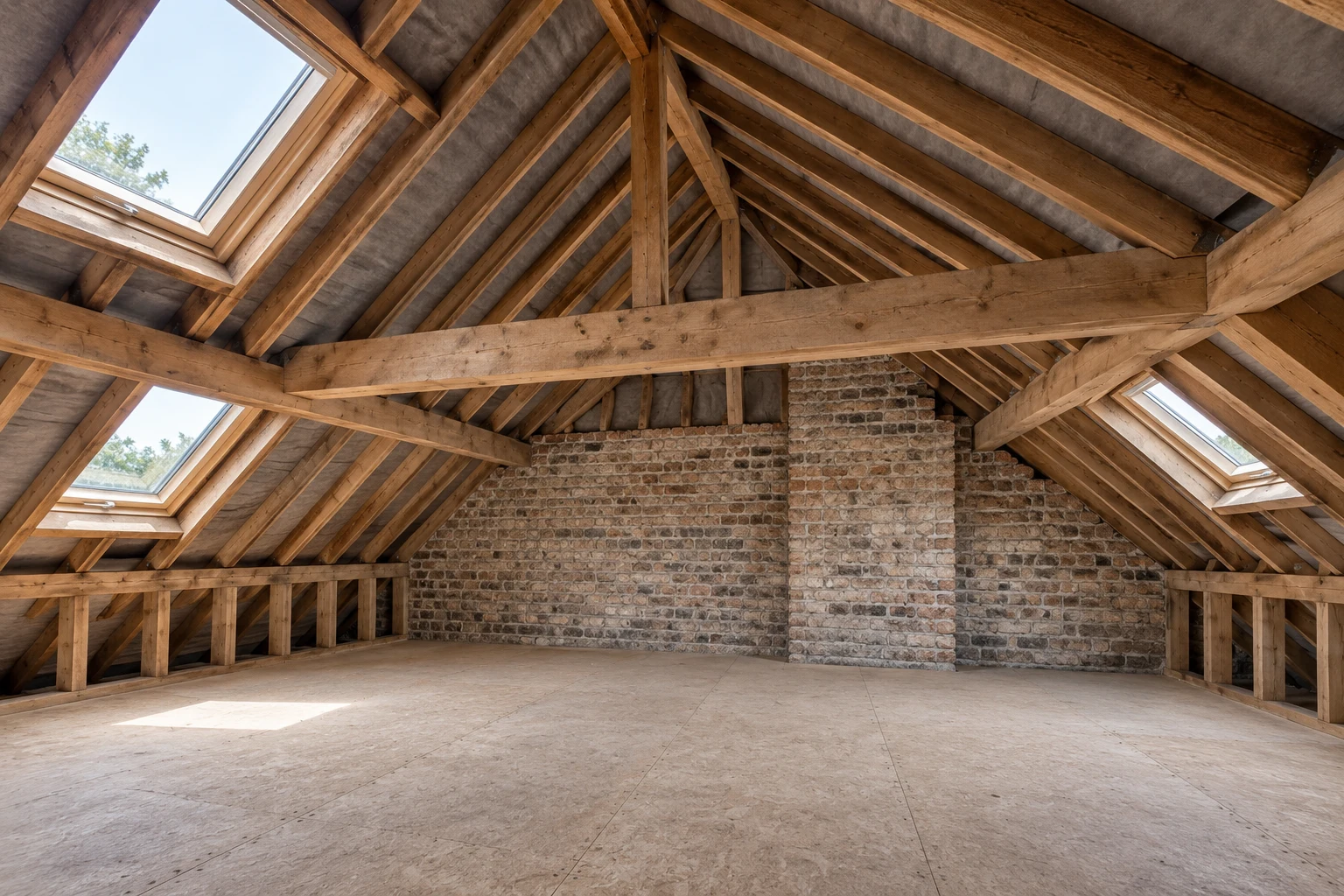 Illustrative attic roof structure with timber rafters and exposed brickwork