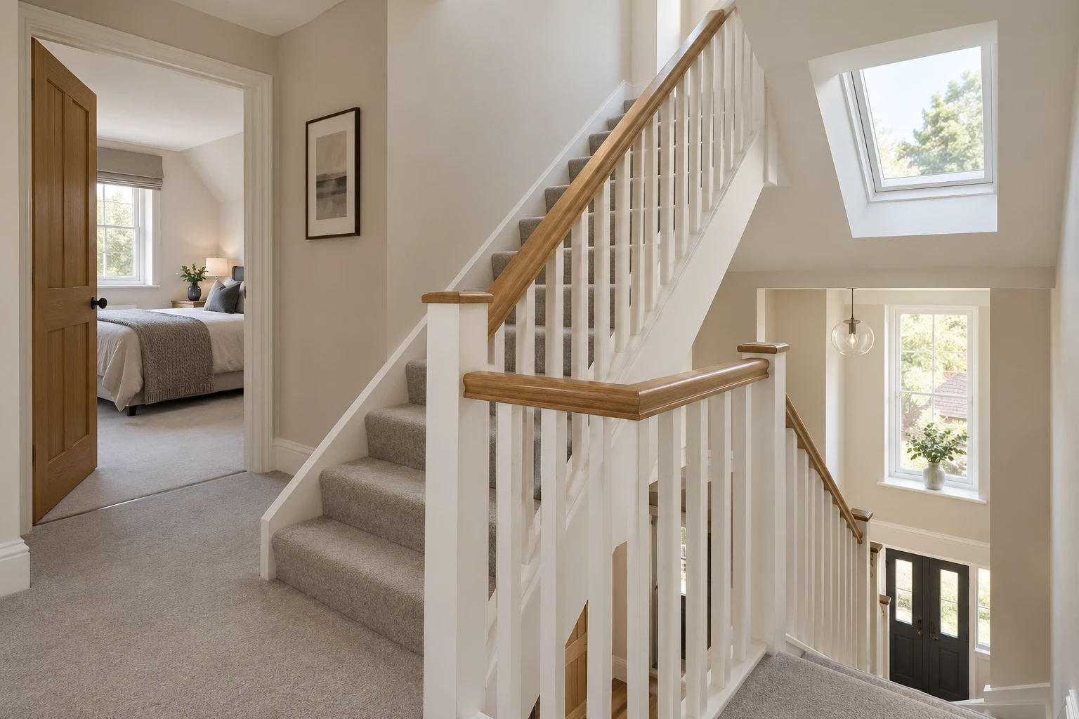 Illustrative loft staircase with a handrail and guarded landing