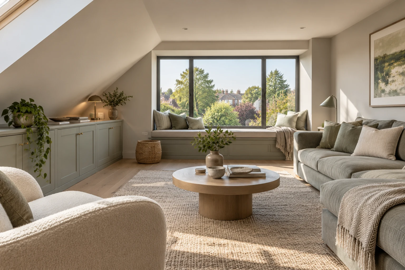 Illustrative dormer loft sitting room with a vertical rear window and eaves storage