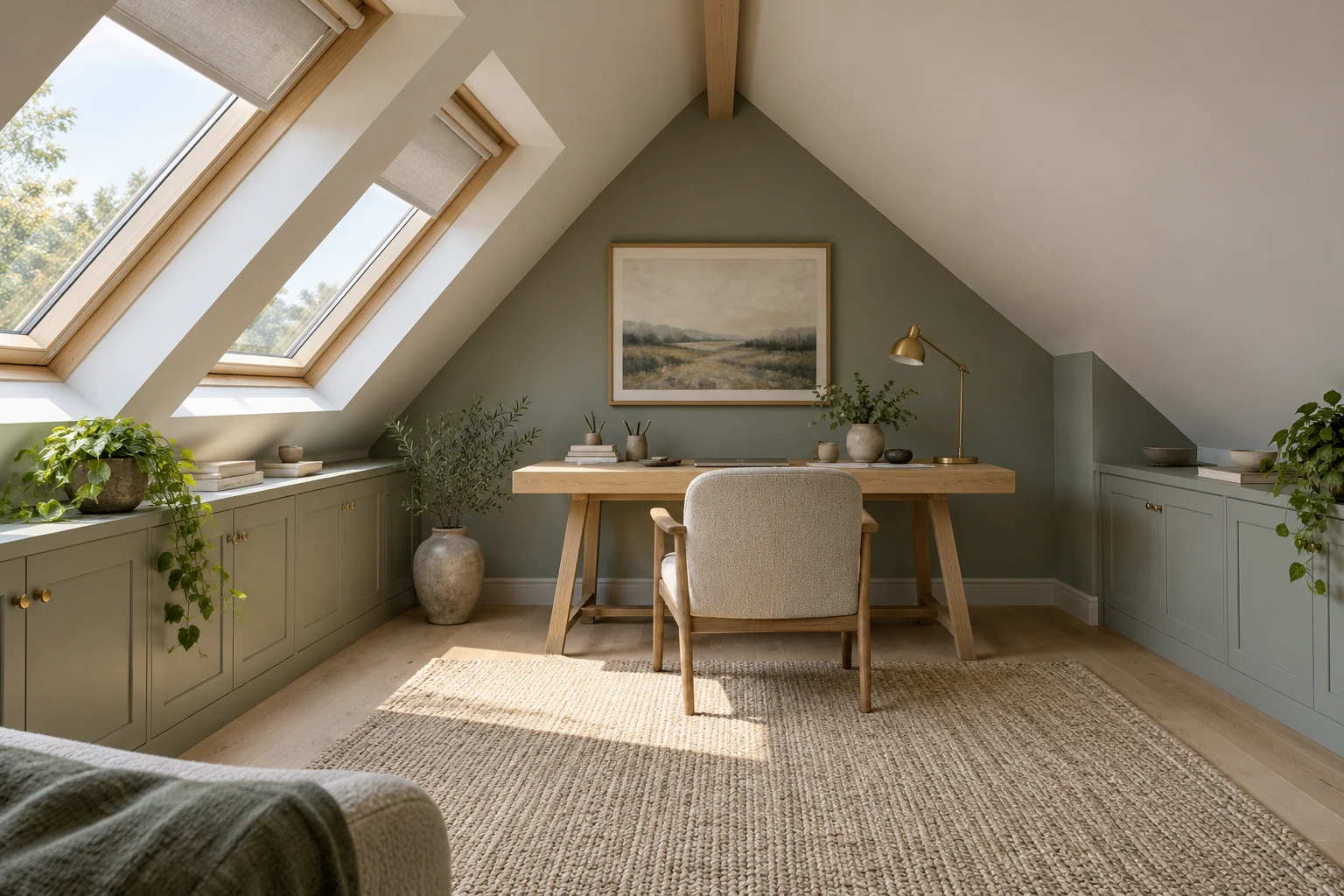 Illustrative loft study beneath a pitched ceiling with roof windows