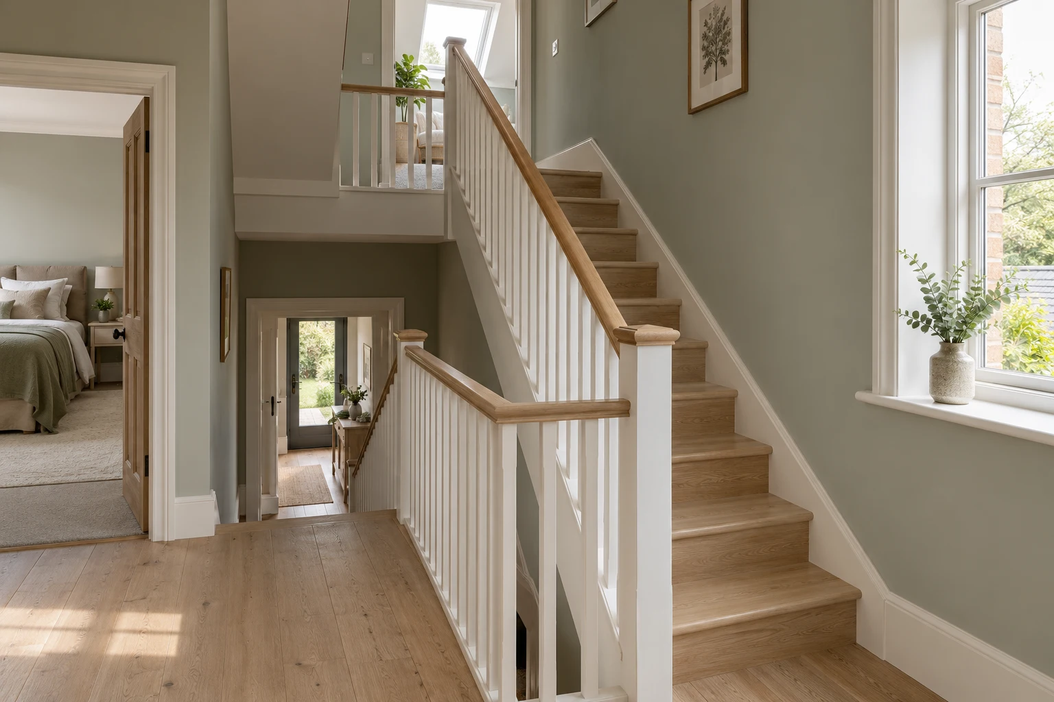 Illustrative loft staircase with a handrail and guarded landing