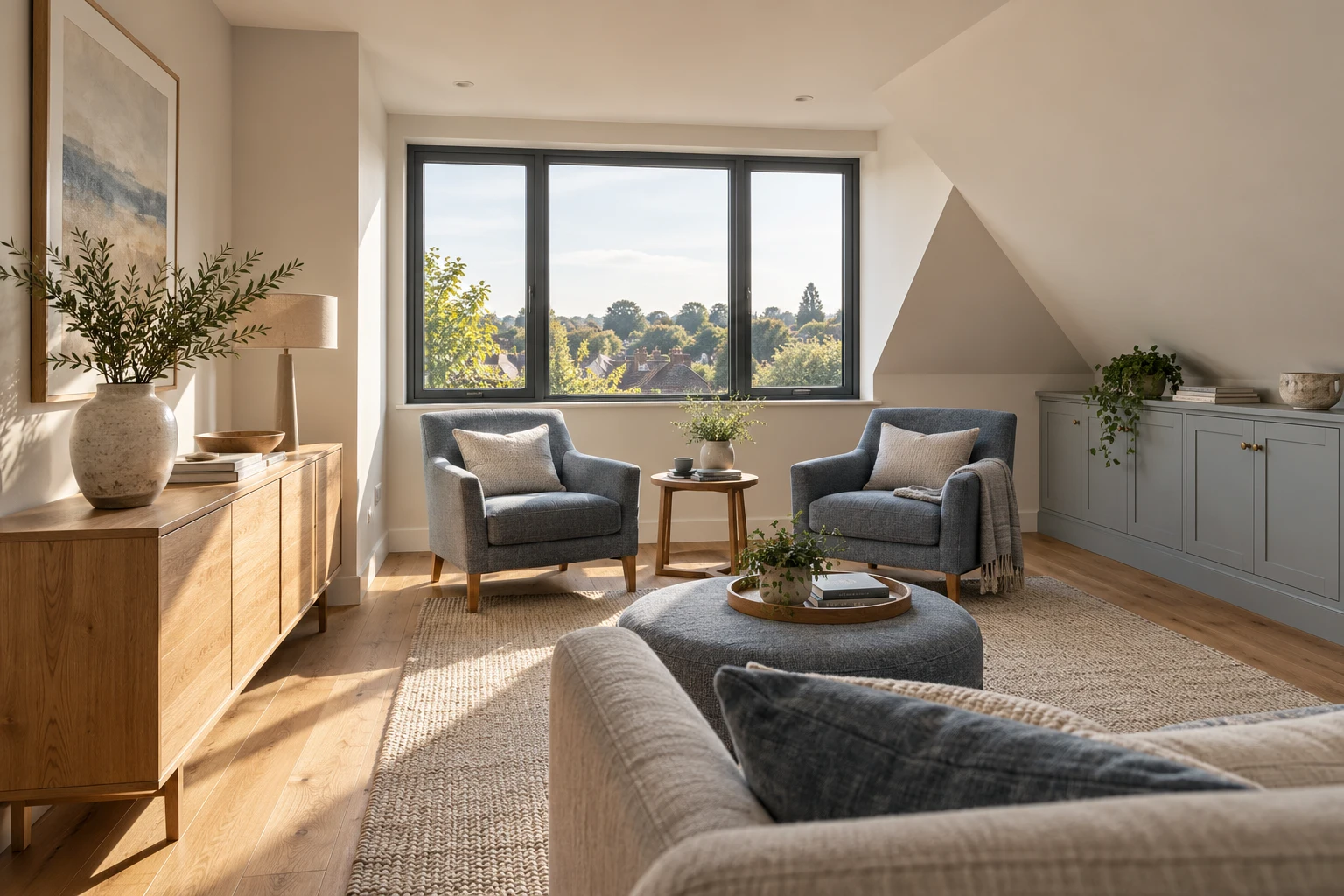 Illustrative dormer loft sitting room with a vertical rear window and eaves storage