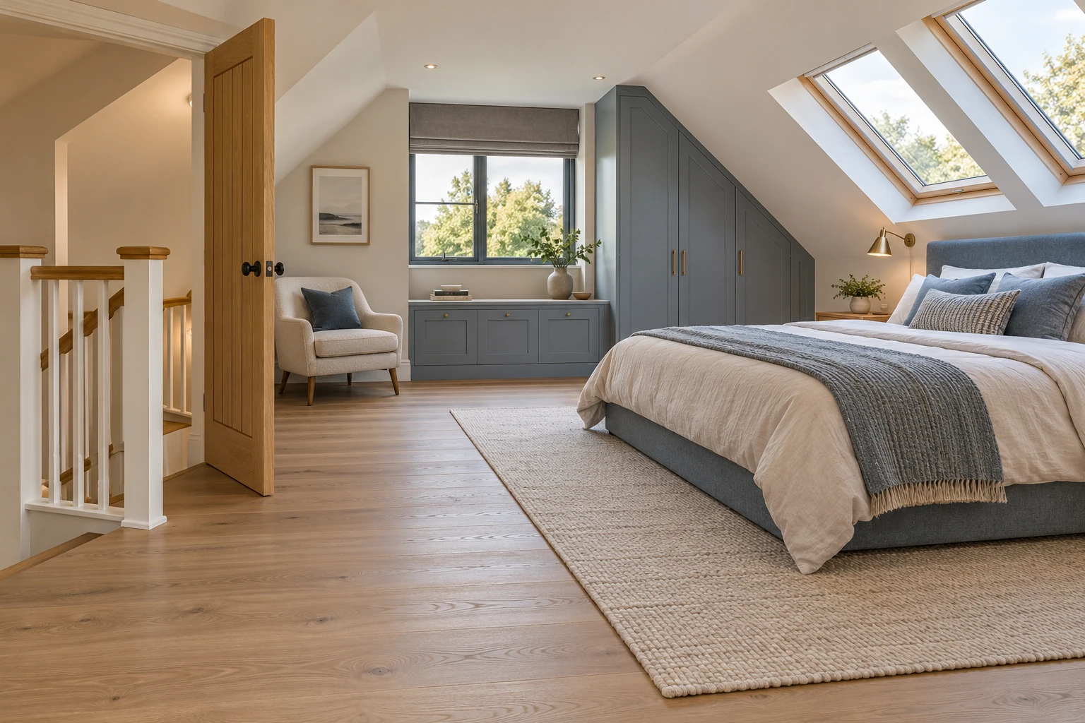 Illustrative design of a loft bedroom entered from a neatly guarded offset landing