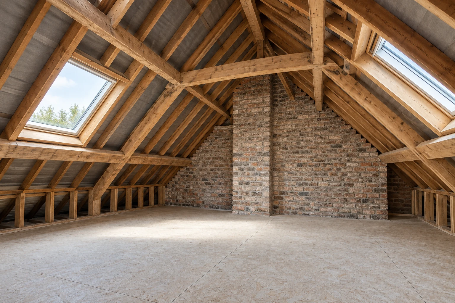 Illustrative attic roof structure with timber rafters and exposed brickwork
