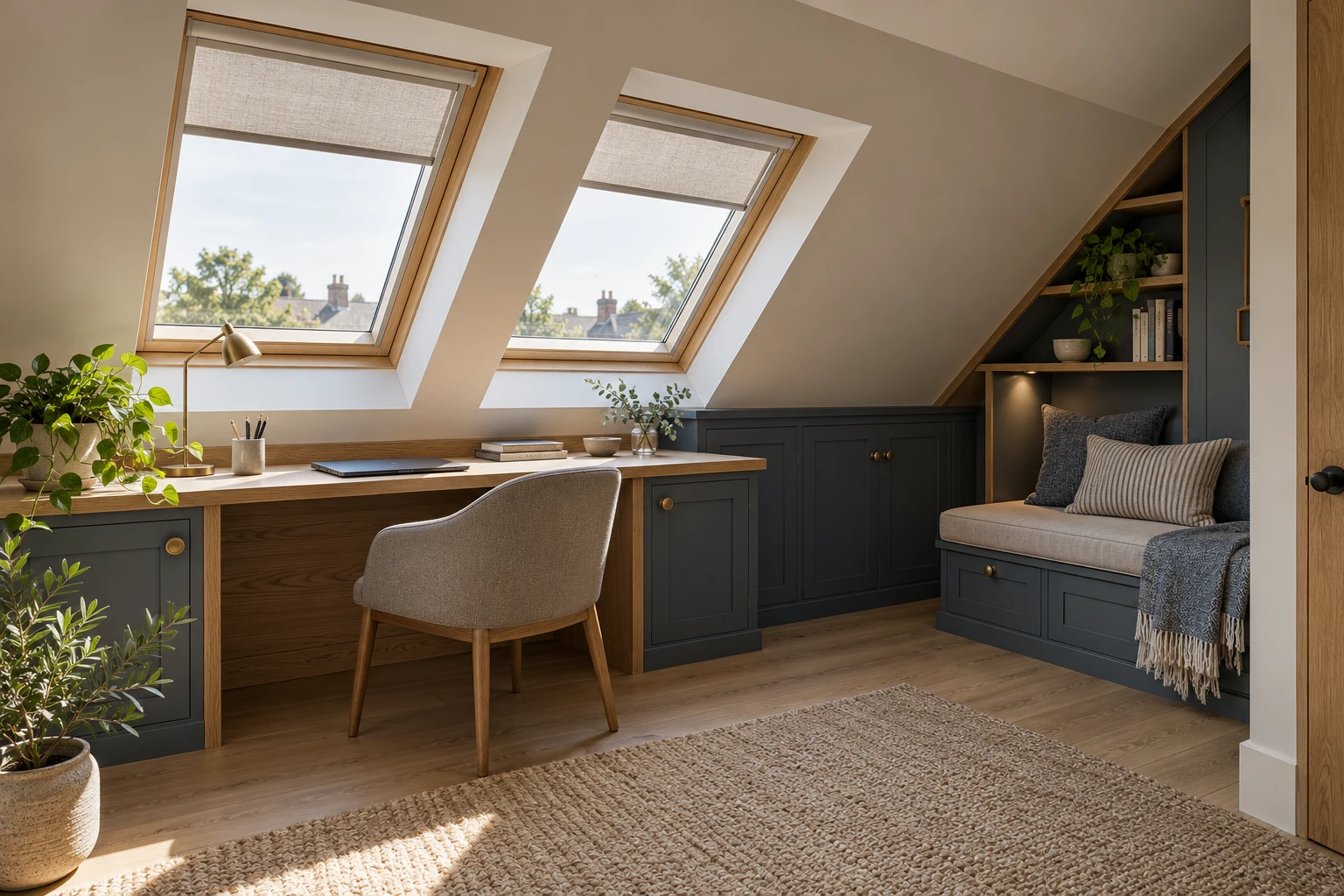 Illustrative loft study beneath a pitched ceiling with roof windows
