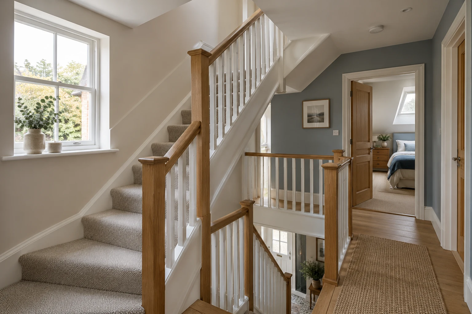 Illustrative loft staircase with a handrail and guarded landing