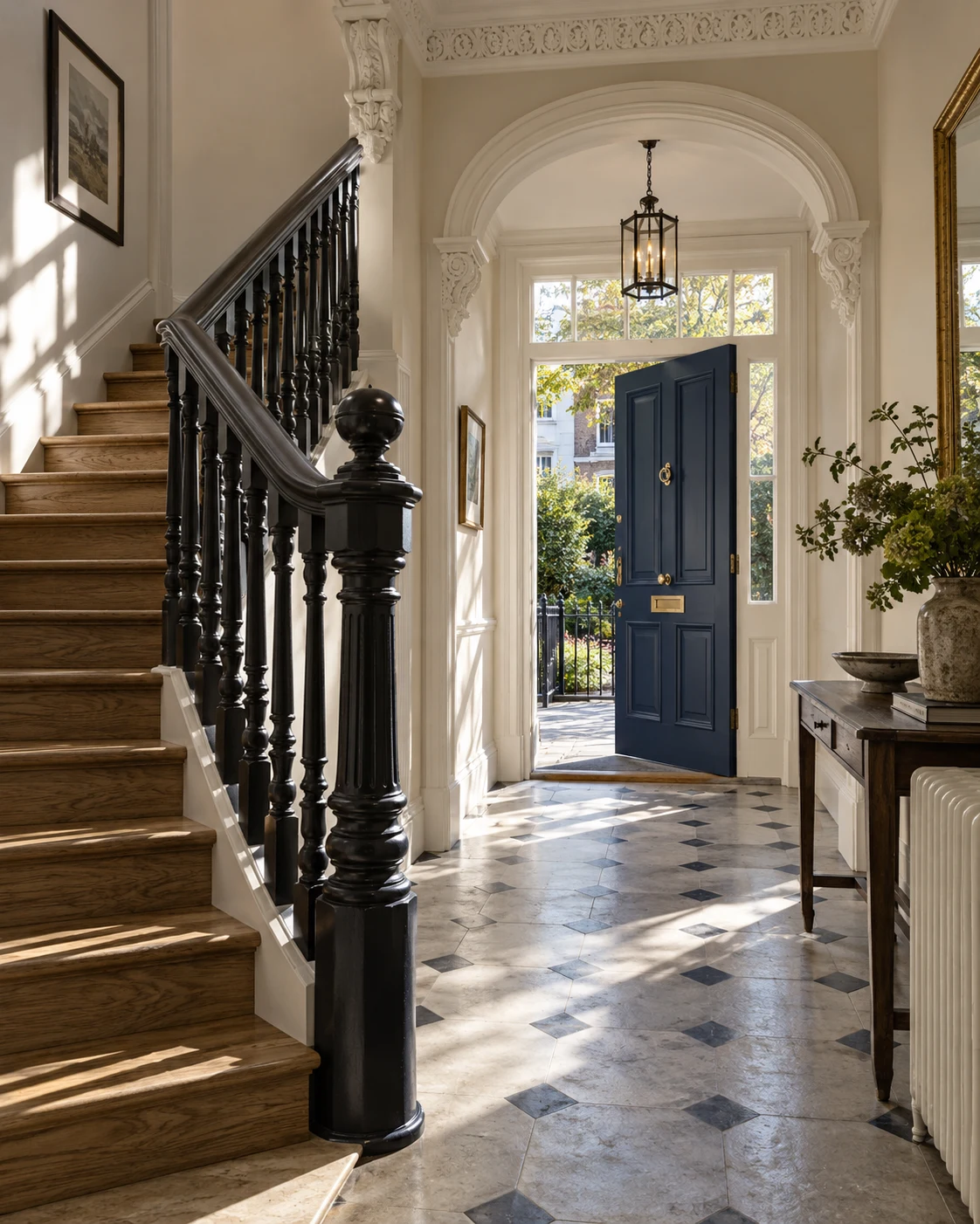 Illustration of a restored period staircase and hallway