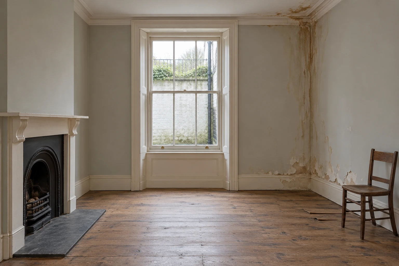 Illustrative room with water-stained ceiling and wall, peeling paint and distorted boards