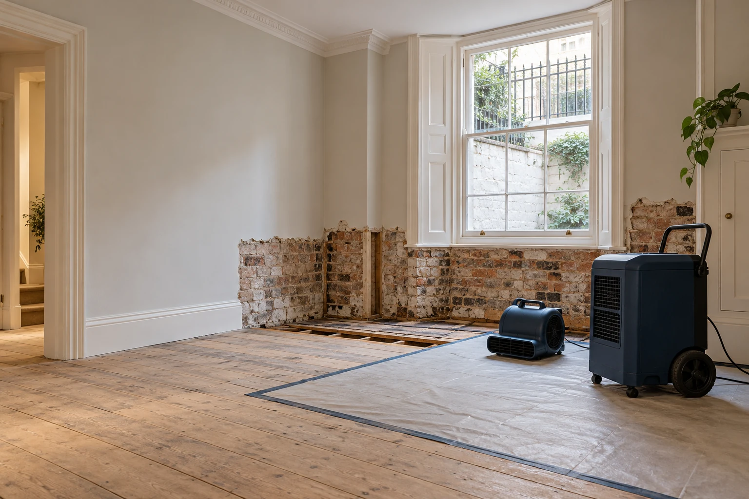 Illustrative period room with exposed lower-wall fabric and drying equipment after water damage