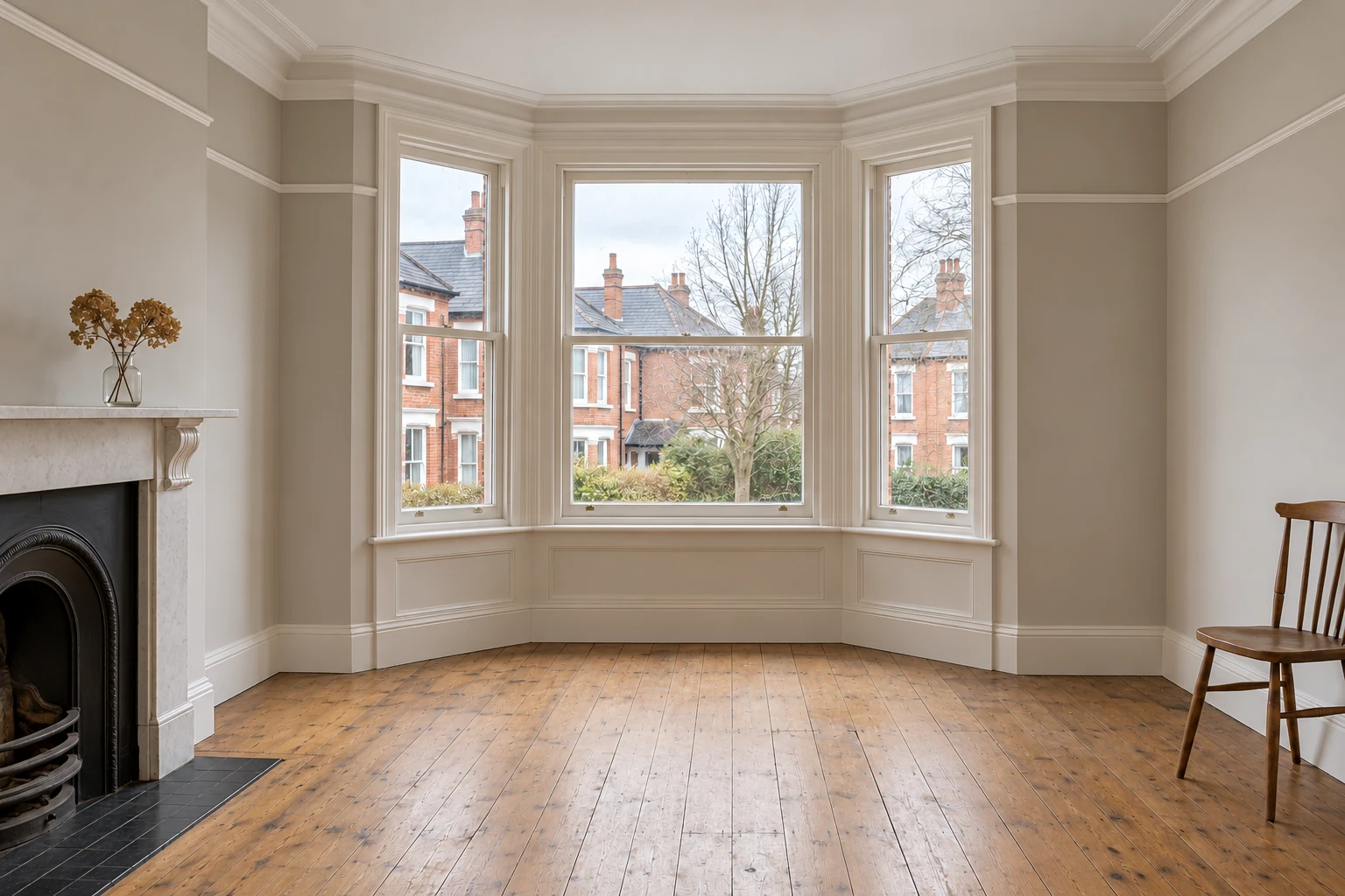 Illustrative matching room after imagined plaster, decoration and floor reinstatement in a British Edwardian semi-detached house