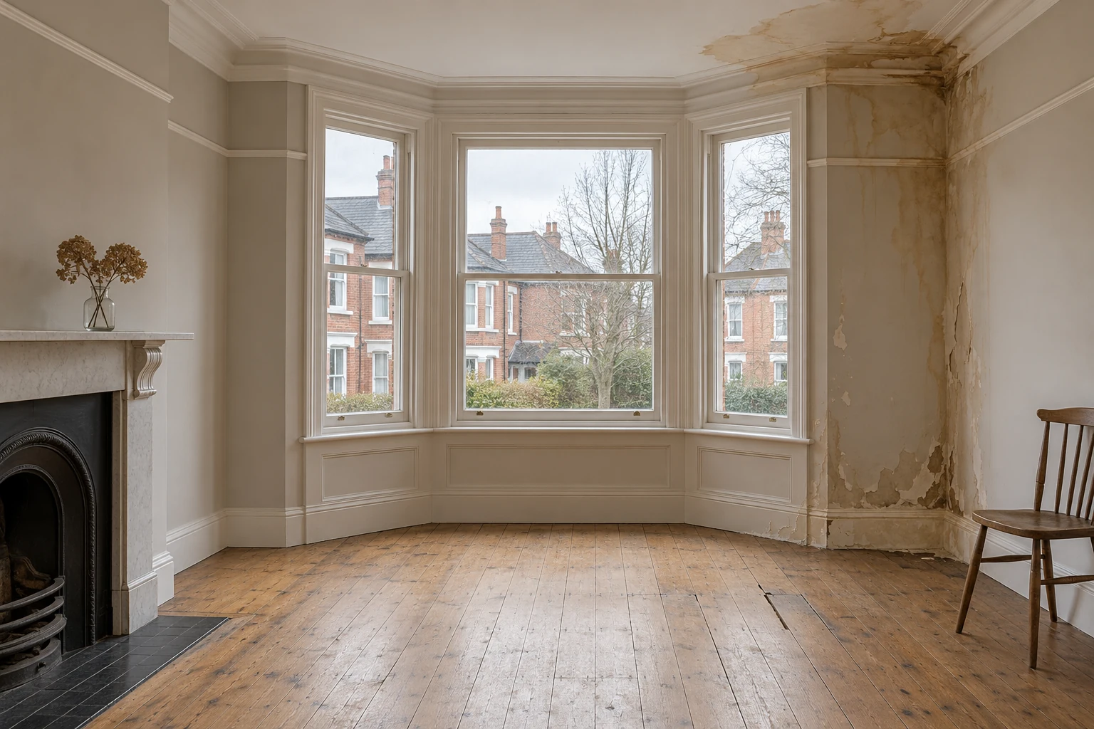 Illustrative room with local ceiling and wall water damage before repairs in a British Edwardian semi-detached house