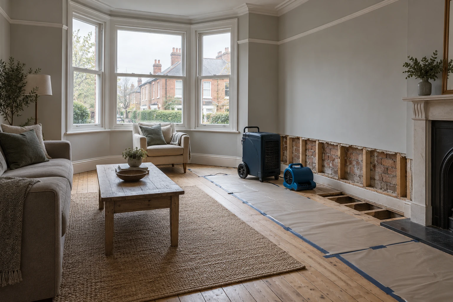 Illustrative room with locally exposed water-affected fabric and professional drying equipment in a British Edwardian semi-detached house