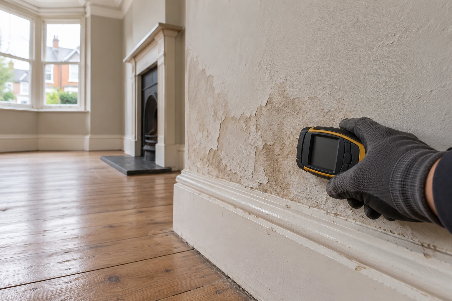 Illustrative moisture check at a stained wall beside retained skirting in a British Edwardian semi-detached house