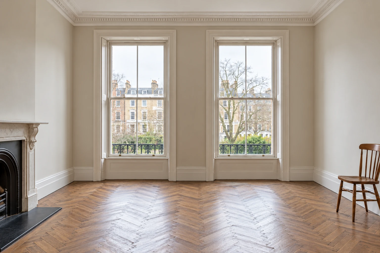 Illustrative matching room after imagined plaster, decoration and floor reinstatement in a British period mansion flat