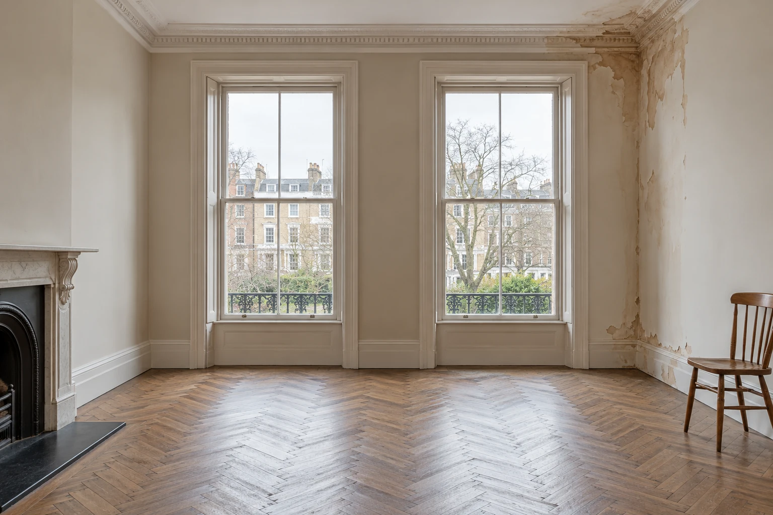 Illustrative room with local ceiling and wall water damage before repairs in a British period mansion flat