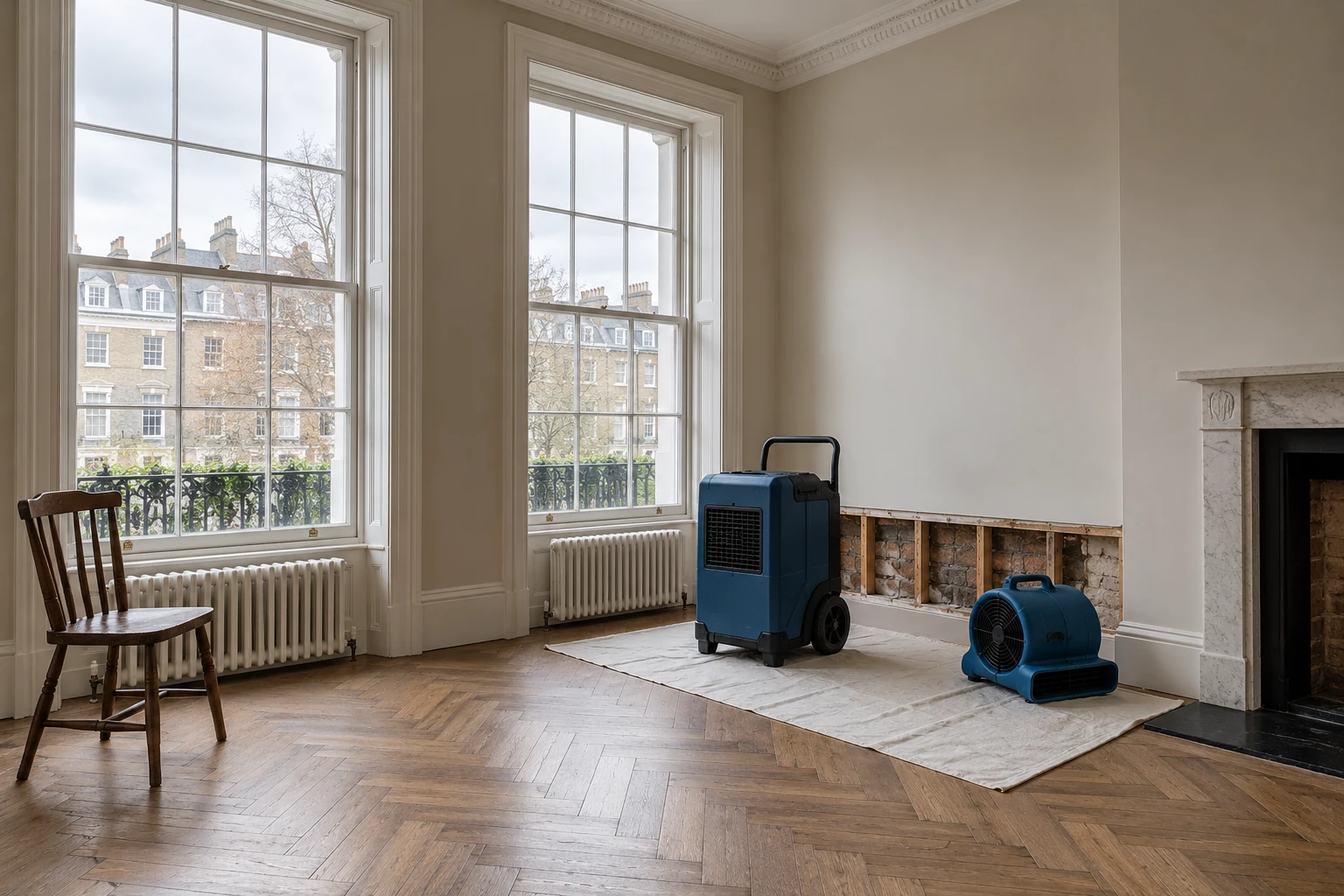 Illustrative dehumidifier and air mover in a dry work zone beside an opened wall in a British period mansion flat