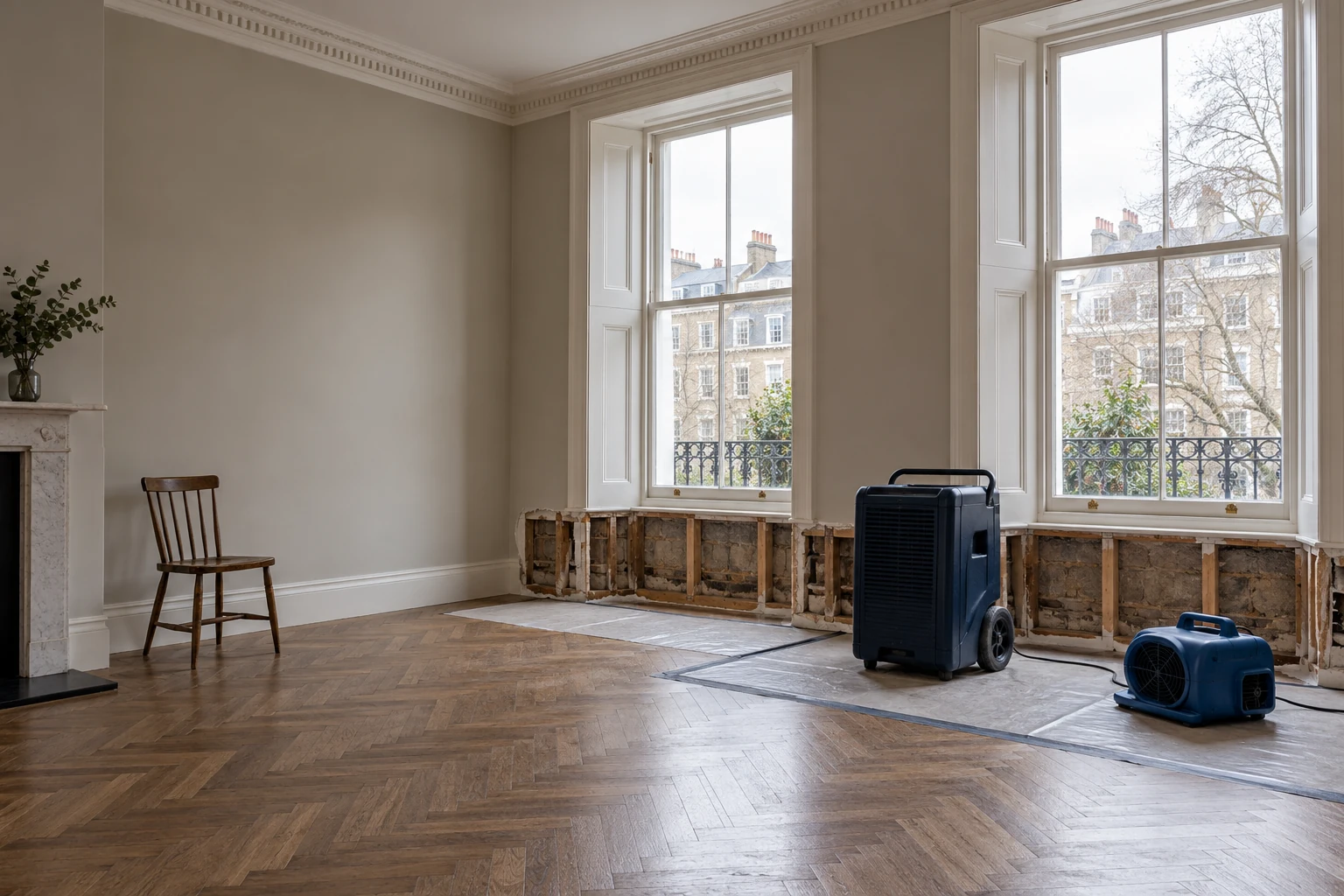 Illustrative room with locally exposed water-affected fabric and professional drying equipment in a British period mansion flat
