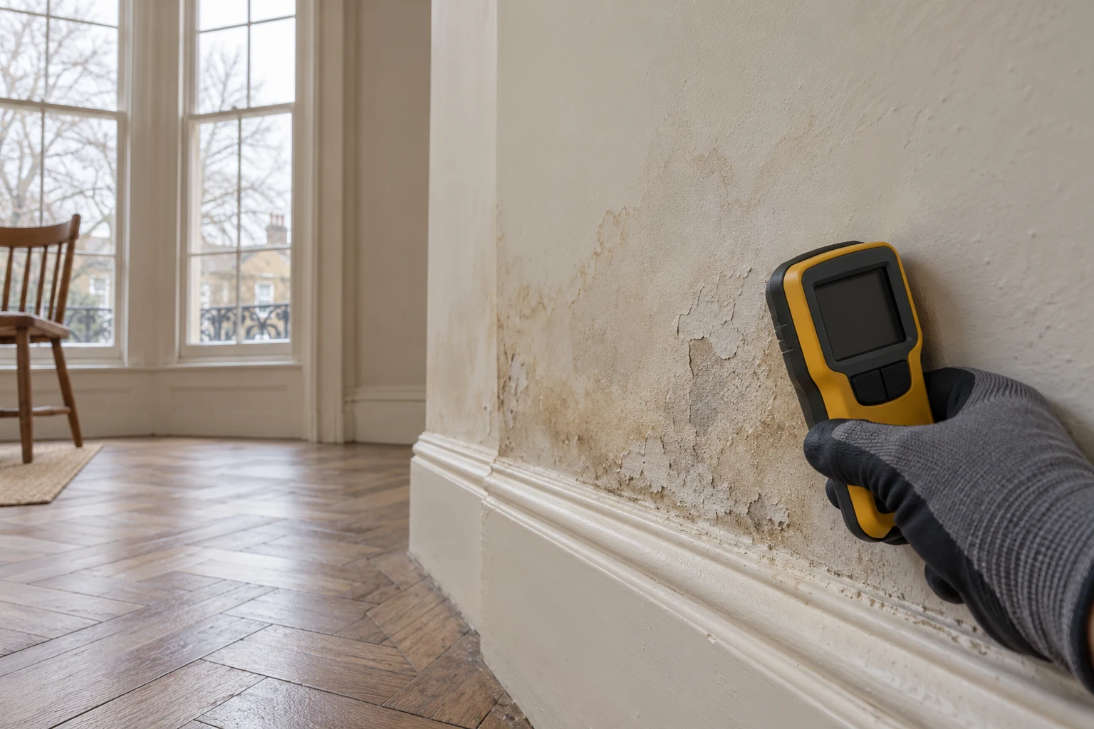 Illustrative moisture check at a stained wall beside retained skirting in a British period mansion flat