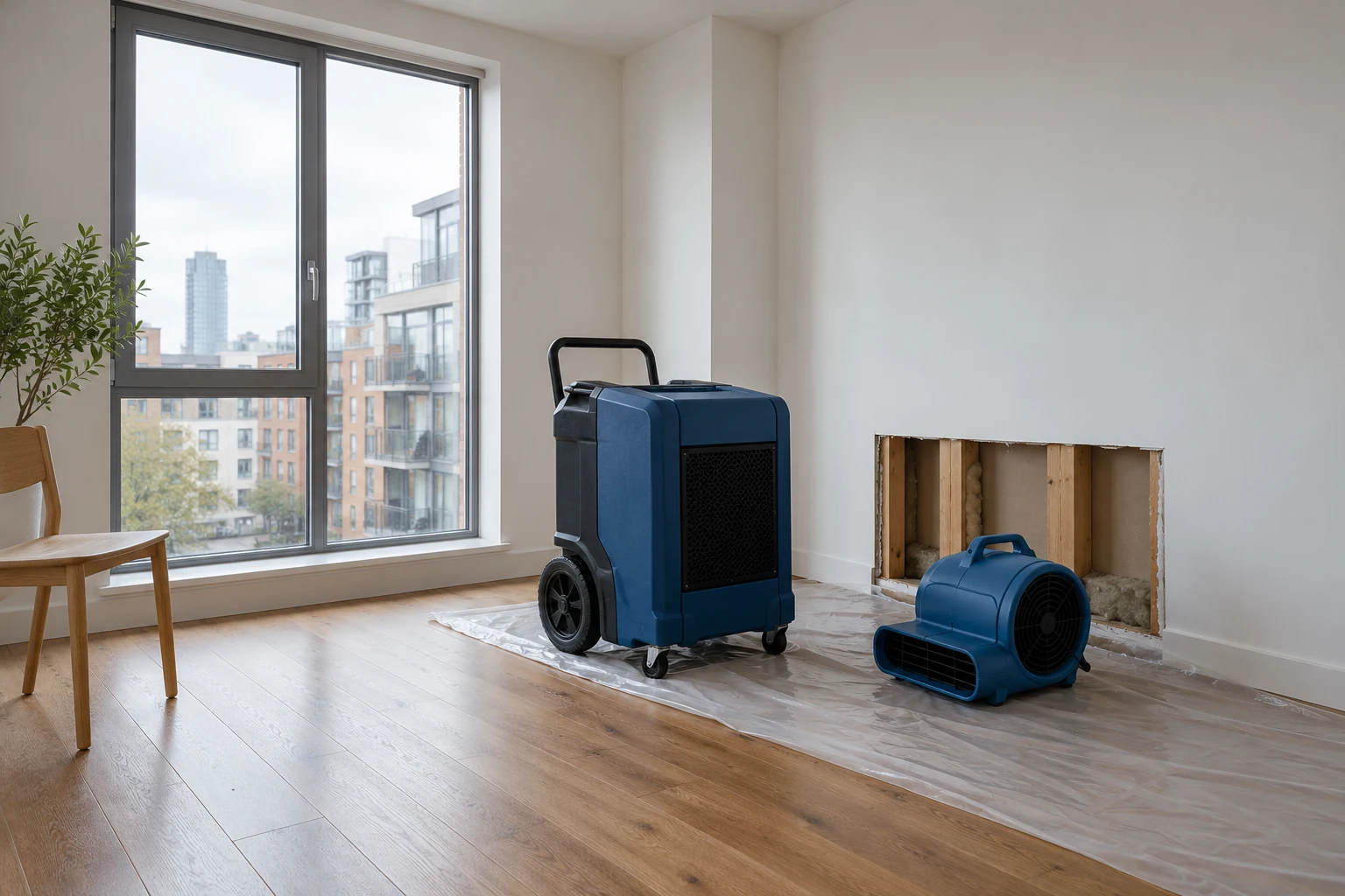 Illustrative dehumidifier and air mover in a dry work zone beside an opened wall in a British modern flat