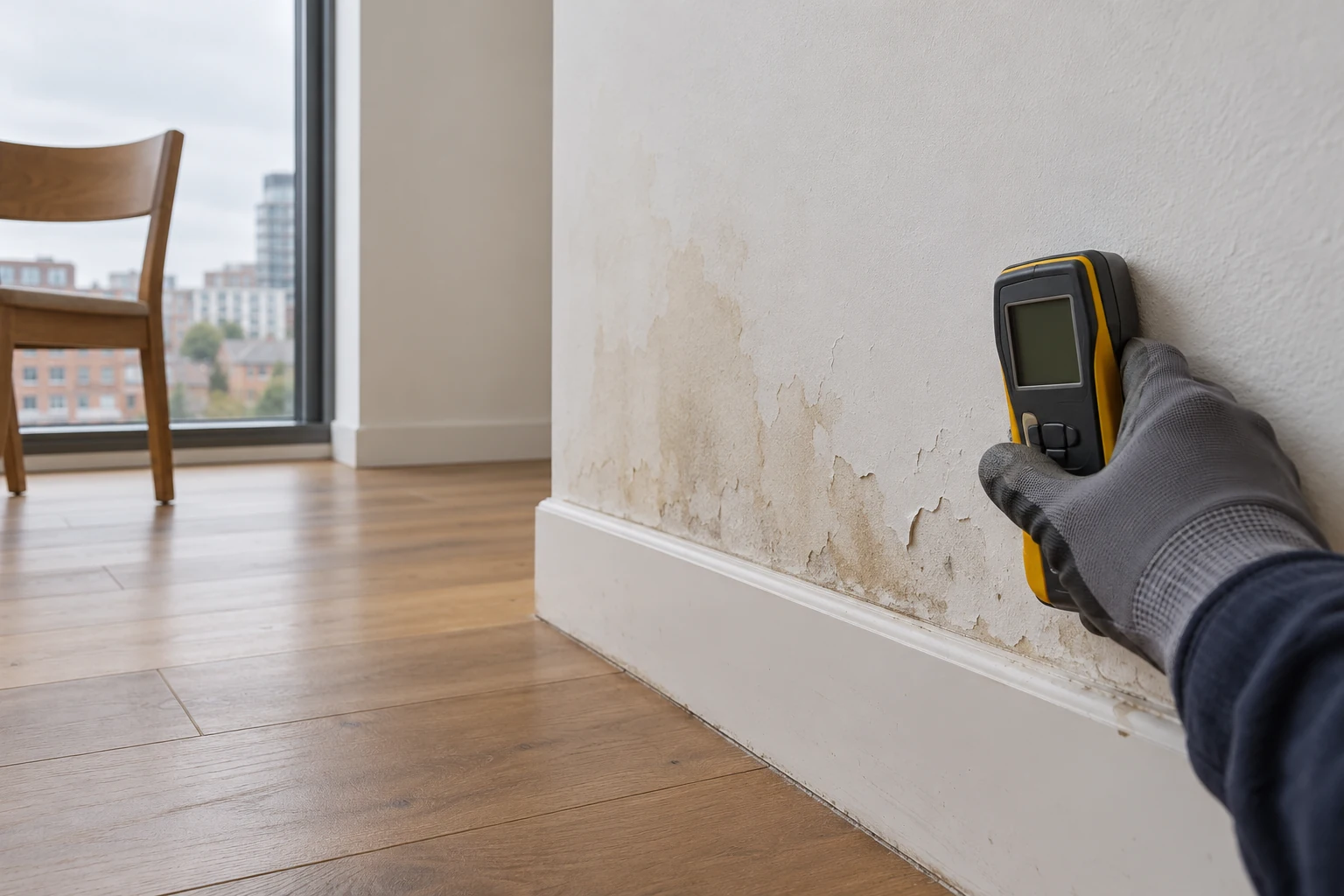 Illustrative moisture check at a stained wall beside retained skirting in a British modern flat