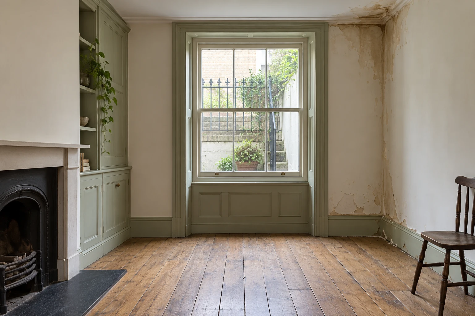 Illustrative room with local ceiling and wall water damage before repairs in a British stock-brick period terrace